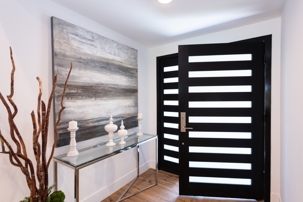 Idée de décoration pour une grande porte d'entrée design avec un mur blanc, un sol en bois brun, une porte simple, une porte noire et un sol marron.