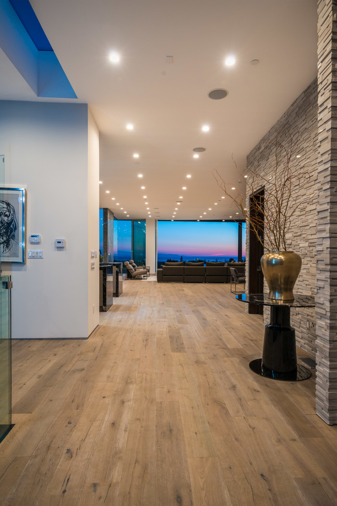 Expansive contemporary foyer in Los Angeles with light hardwood flooring and a pivot front door.