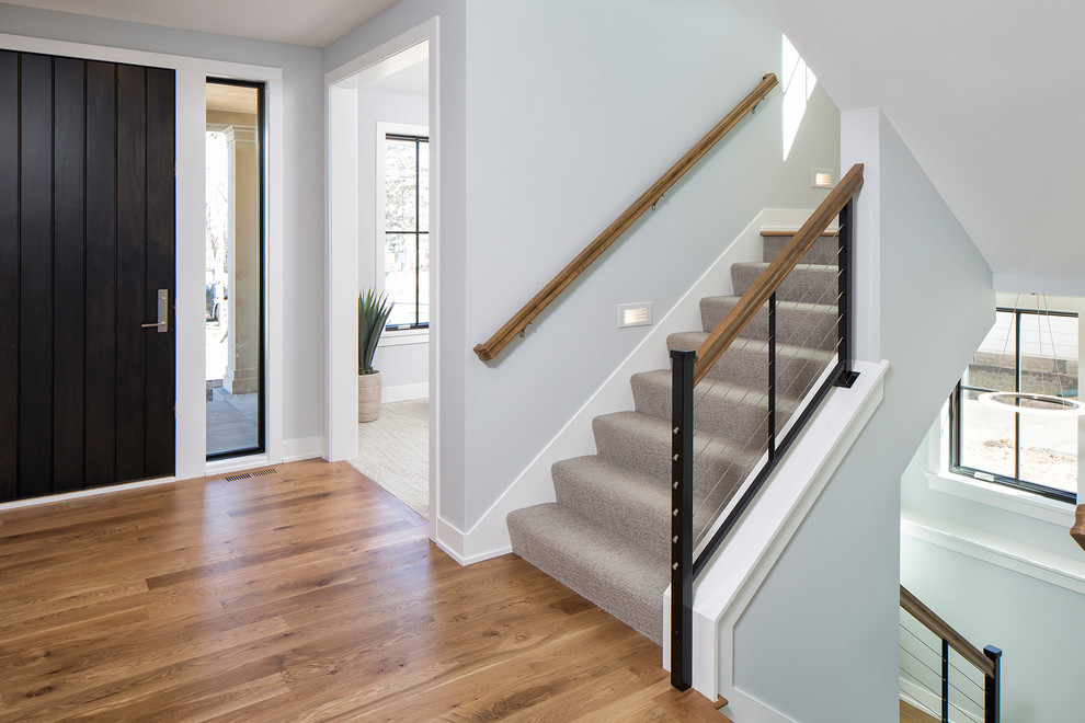 Inspiration for a medium sized contemporary foyer in Minneapolis with light hardwood flooring, a single front door, a dark wood front door and brown floors.