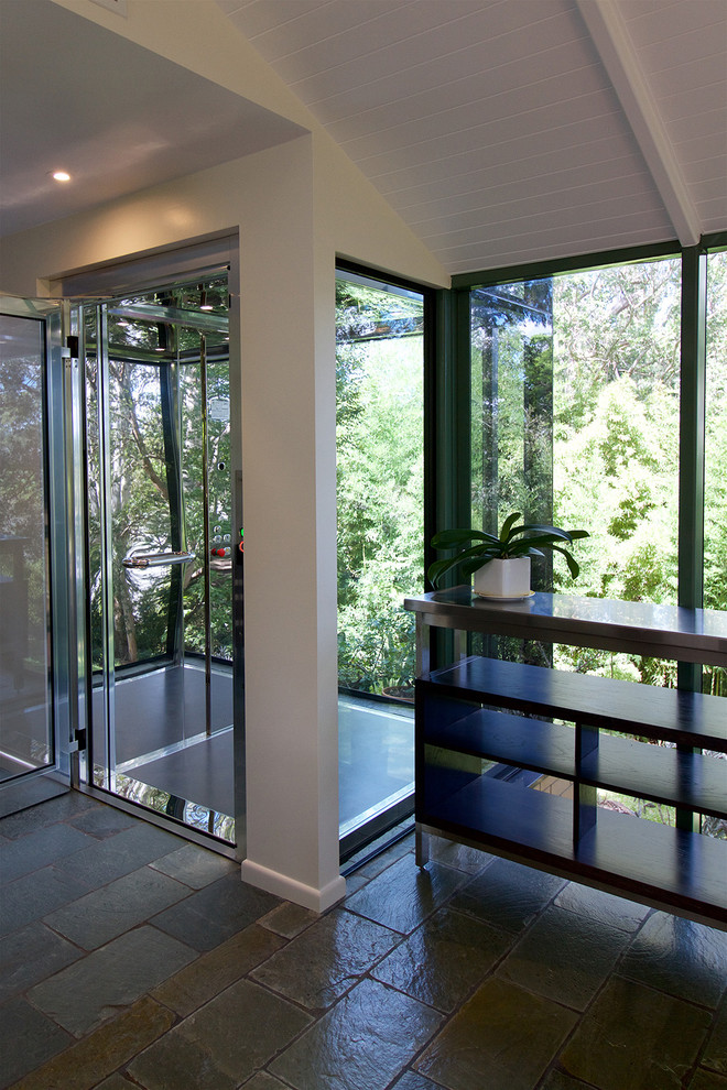 Design ideas for a medium sized contemporary foyer in Brisbane with green floors.
