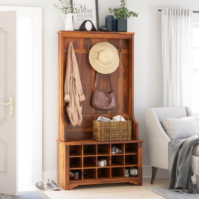 Cornish Rustic Solid Wood Entryway Hall Tree With Shoe Storage - Entry -  San Francisco - by Sierra Living Concepts Inc | Houzz AU