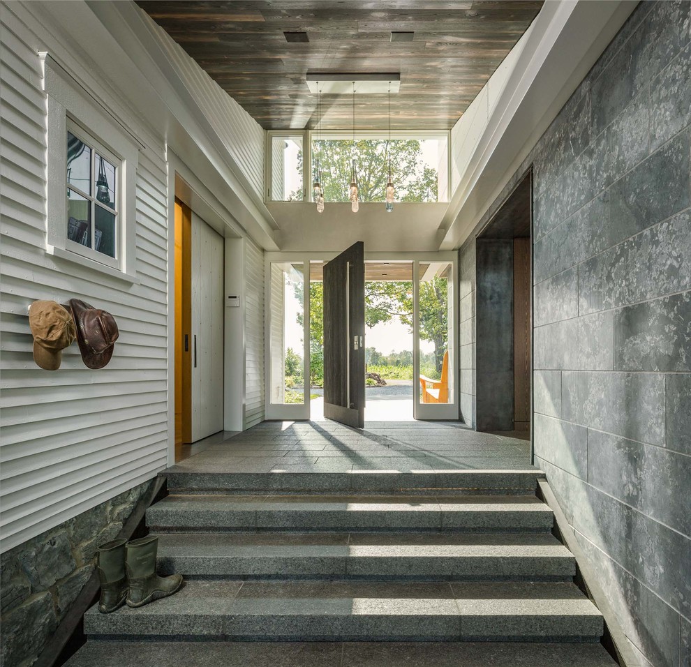 Réalisation d'un hall d'entrée design avec une porte pivot et un sol gris.