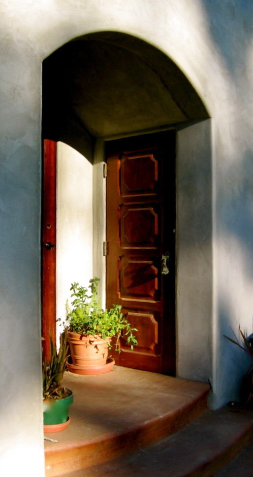 Modelo de puerta principal mediterránea de tamaño medio con paredes beige, puerta simple y puerta de madera oscura