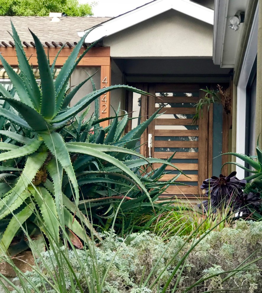 Mittelgroße Moderne Haustür mit grüner Wandfarbe, Keramikboden, Einzeltür, hellbrauner Holzhaustür und buntem Boden in Los Angeles