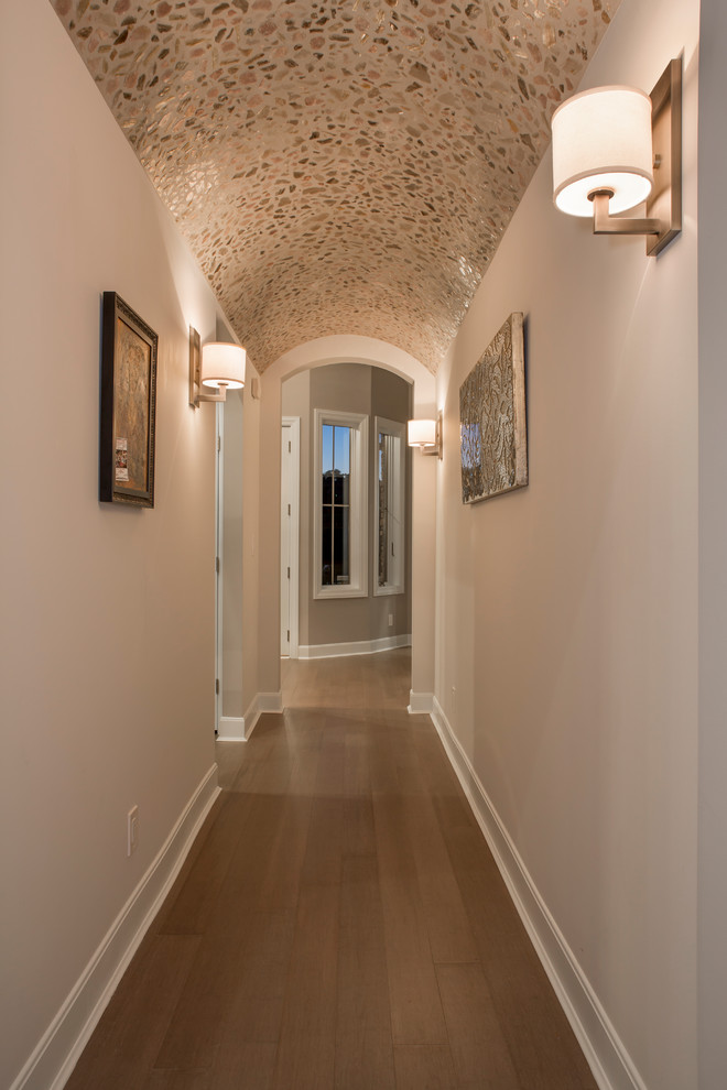 Idées déco pour une entrée moderne avec un couloir, un mur beige et parquet en bambou.