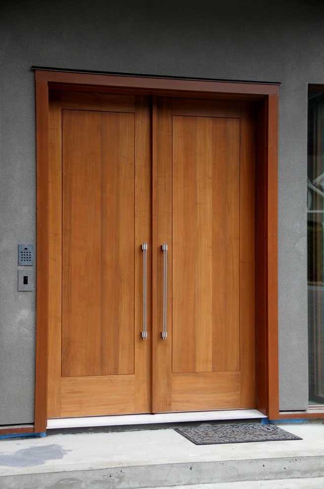 Ispirazione per una porta d'ingresso minimal di medie dimensioni con una porta a due ante e una porta in legno bruno
