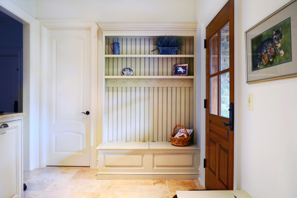 Inspiration for a medium sized classic boot room in Philadelphia with white walls, ceramic flooring, a single front door and a dark wood front door.