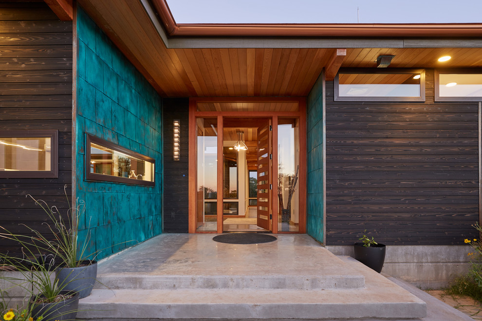 Идея дизайна: двухэтажный, деревянный, черный частный загородный дом среднего размера в современном стиле