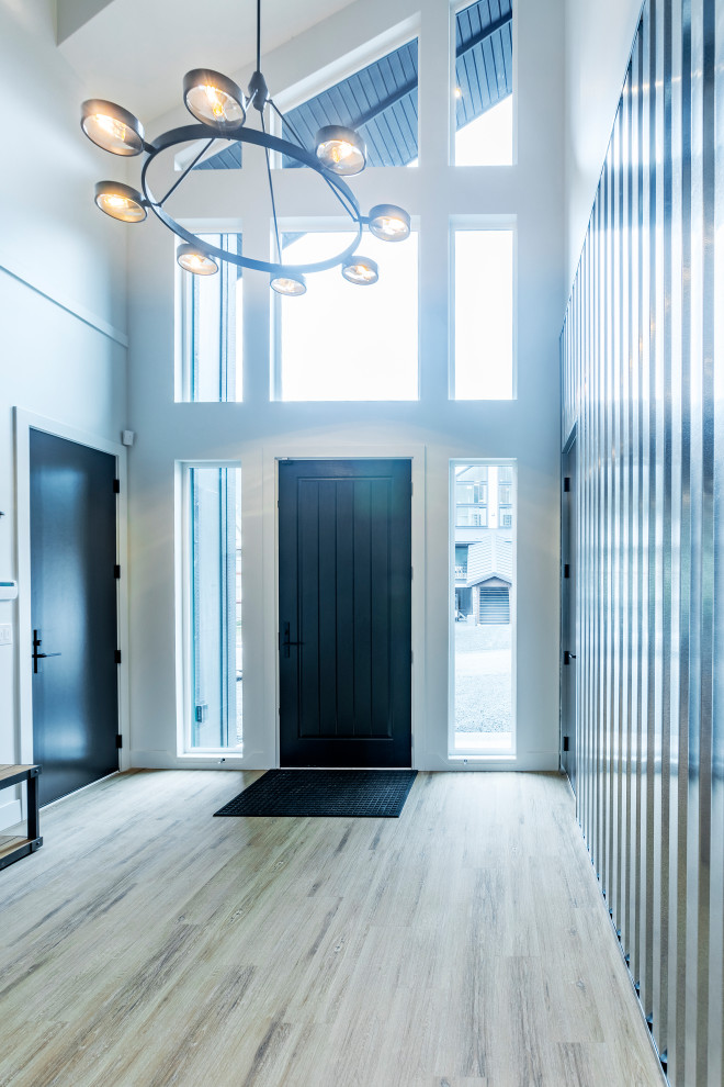 Пример оригинального дизайна: большое фойе в стиле модернизм с серебряными стенами, полом из винила, одностворчатой входной дверью, черной входной дверью и коричневым полом