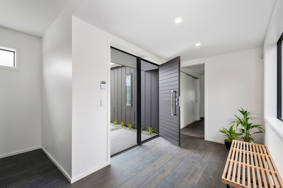 Idée de décoration pour un grand hall d'entrée minimaliste avec un mur blanc, sol en stratifié, une porte simple, une porte noire et un sol marron.