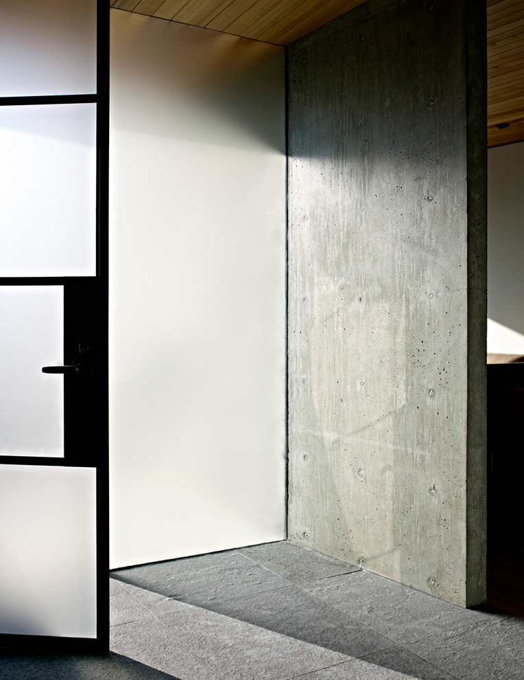 Exemple d'une porte d'entrée moderne de taille moyenne avec un mur gris, sol en béton ciré, une porte simple et une porte en verre.