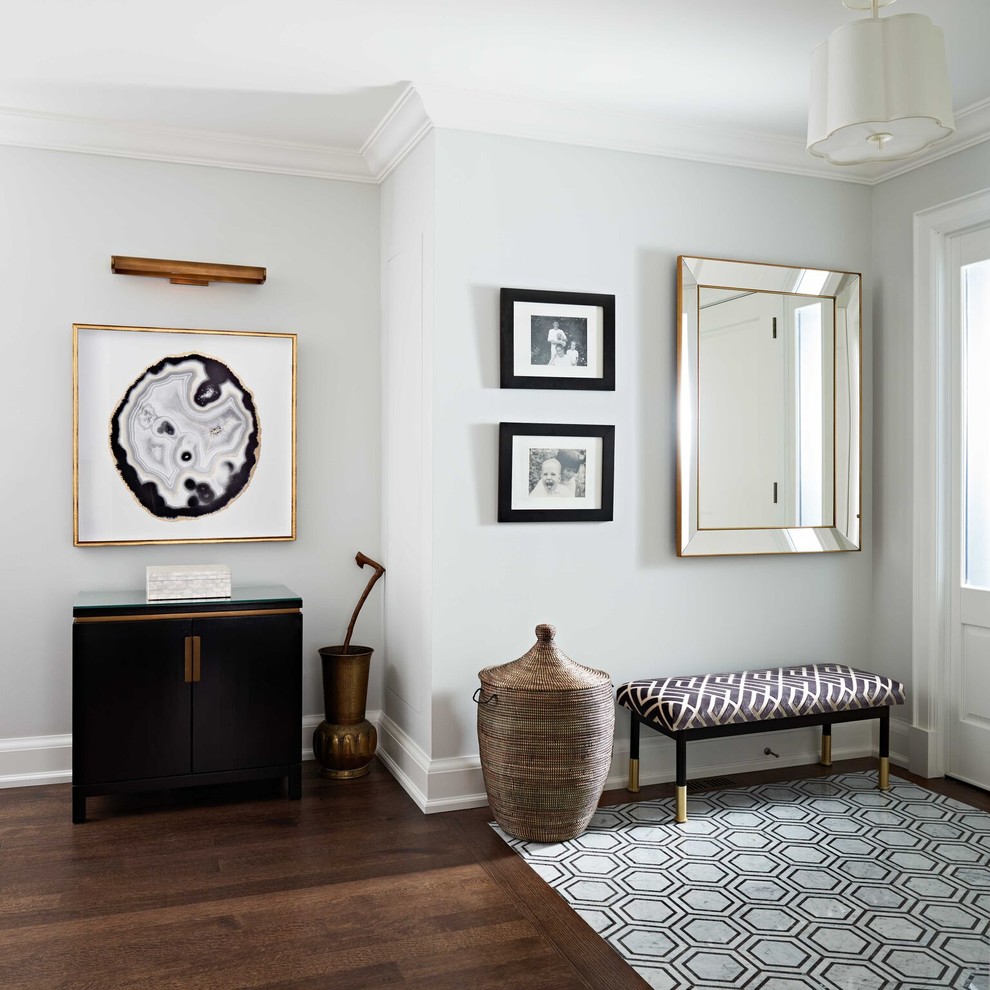 Inspiration for a mid-sized transitional dark wood floor and brown floor entryway remodel in Toronto with blue walls and a white front door