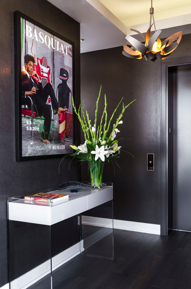 Inspiration for a mid-sized contemporary dark wood floor front door remodel in Chicago with gray walls