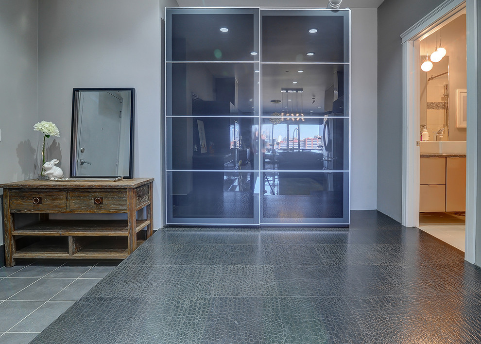 Cette image montre un hall d'entrée design de taille moyenne avec un mur gris, un sol noir, un sol en vinyl et une porte en verre.