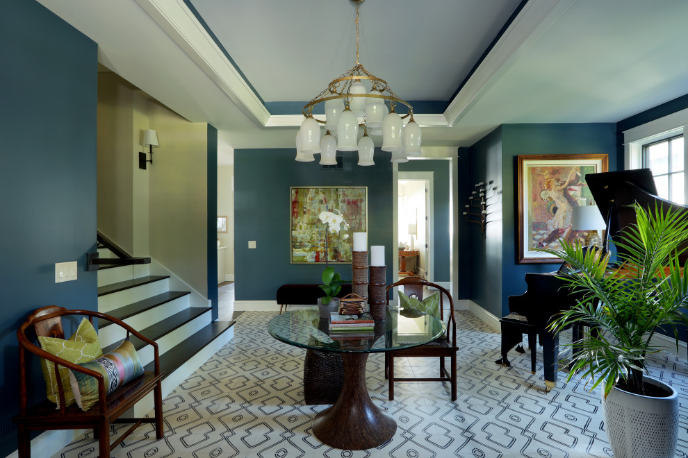 Inspiration for an expansive country foyer in Grand Rapids with blue walls, ceramic flooring, a single front door, a blue front door and white floors.