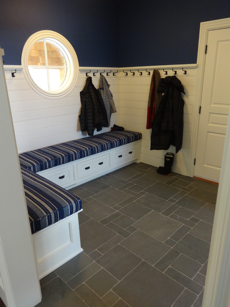 Design ideas for a classic boot room in Boston with slate flooring.
