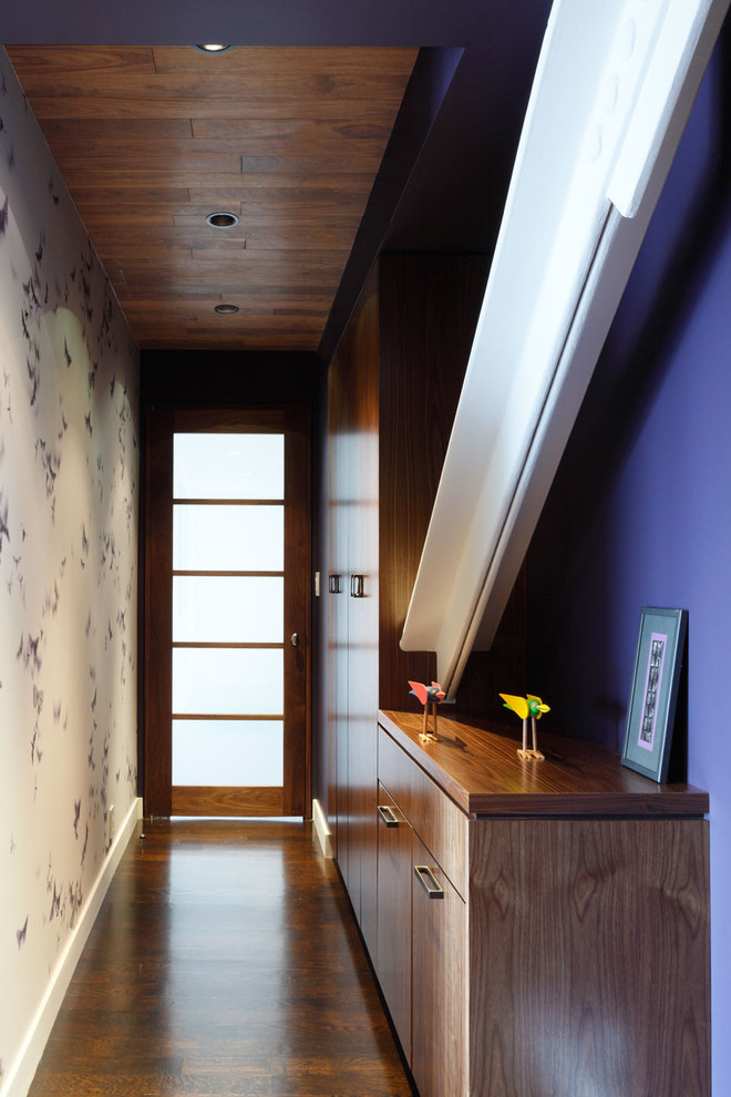 Идея дизайна: узкая прихожая в современном стиле с фиолетовыми стенами, темным паркетным полом, одностворчатой входной дверью и стеклянной входной дверью
