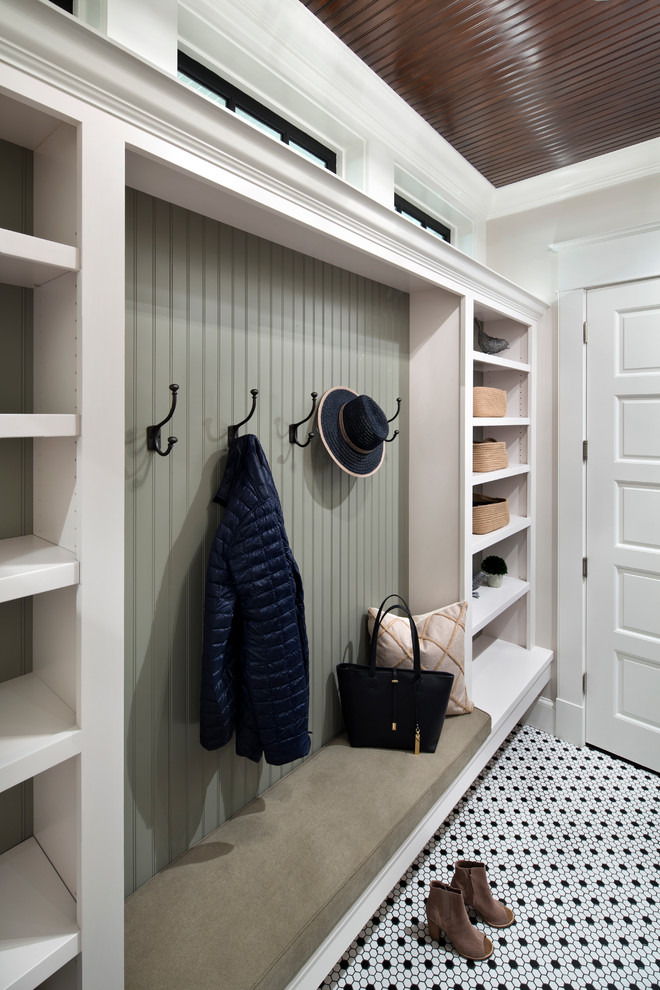 Design ideas for a medium sized classic boot room in San Francisco with beige walls, porcelain flooring, a single front door and a white front door.
