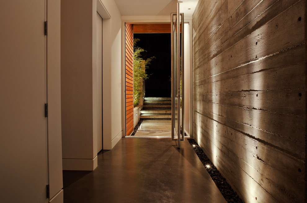 Immagine di un ingresso o corridoio minimalista con pavimento in cemento, una porta a pivot e una porta in vetro