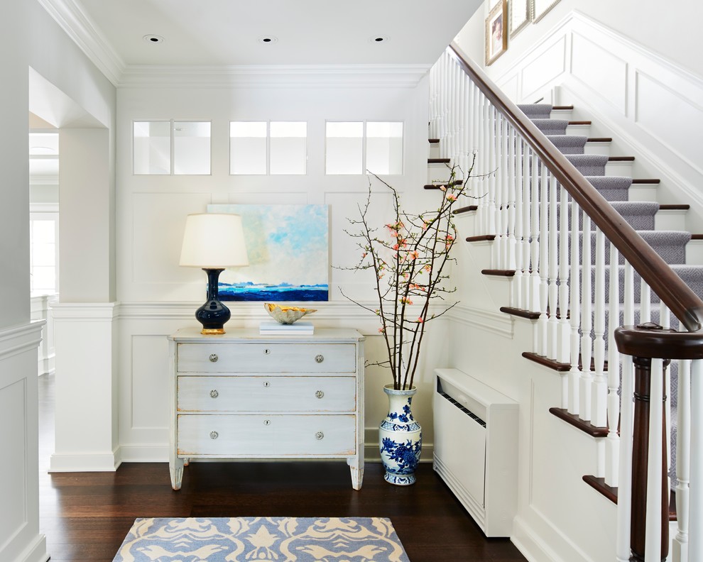 Design ideas for a medium sized classic foyer in Minneapolis with white walls, dark hardwood flooring, a white front door and feature lighting.