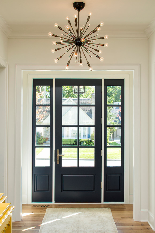 Пример оригинального дизайна: фойе среднего размера в классическом стиле с белыми стенами, светлым паркетным полом, одностворчатой входной дверью и стеклянной входной дверью