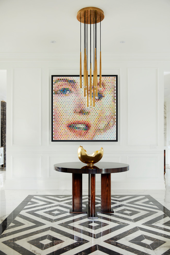 Inspiration for a large classic foyer in Toronto with white walls, porcelain flooring and multi-coloured floors.