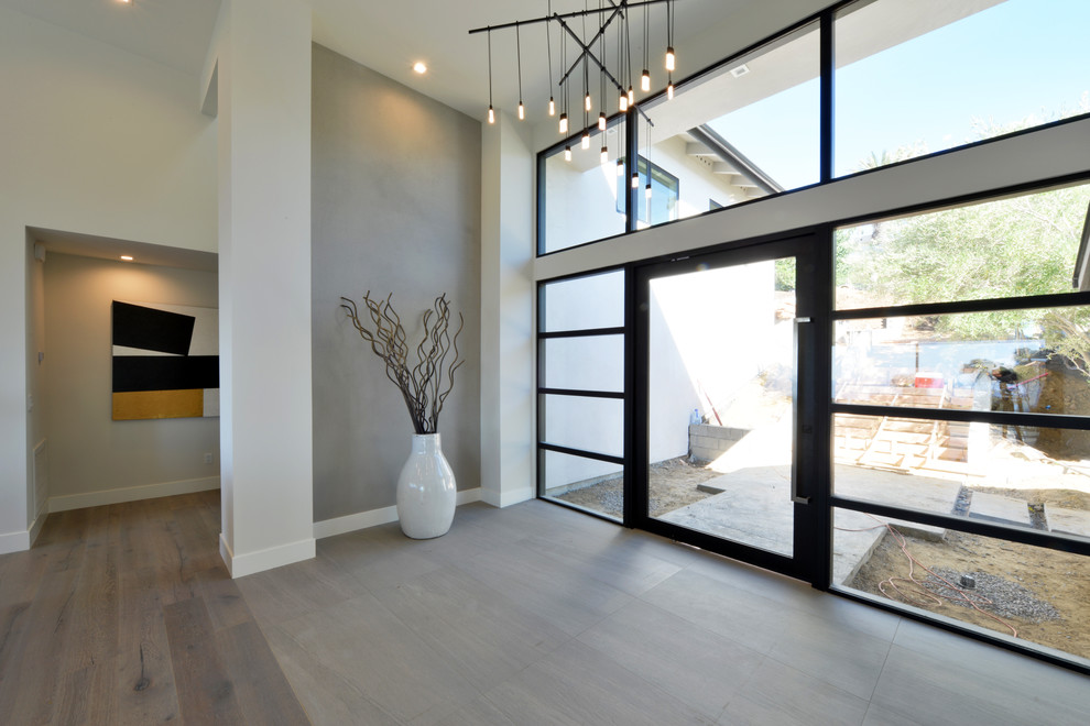 Immagine di un ampio ingresso minimalista con pareti bianche, una porta a pivot, una porta in vetro e pavimento in gres porcellanato