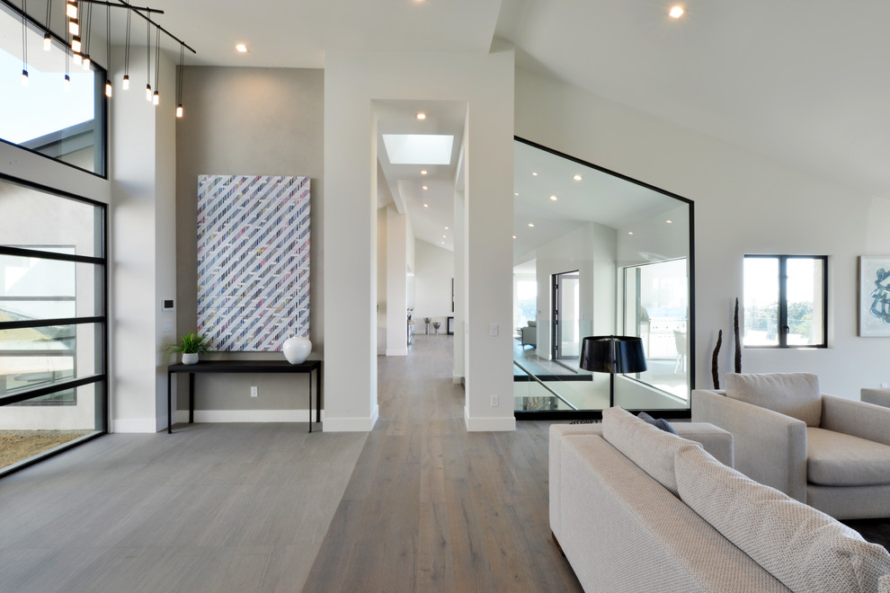 Geräumiges Modernes Foyer mit weißer Wandfarbe, Porzellan-Bodenfliesen, Drehtür und Haustür aus Glas in San Diego