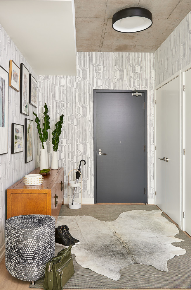Idéer för en mellanstor modern foajé, med vita väggar, ljust trägolv, en enkeldörr, en grå dörr och vitt golv