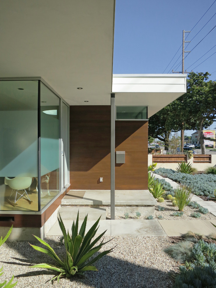 Идея дизайна: маленькая входная дверь в стиле модернизм с одностворчатой входной дверью, коричневыми стенами и бетонным полом для на участке и в саду