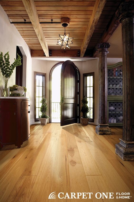 Photo of a large mediterranean foyer in Chicago with white walls, light hardwood flooring, a single front door and a dark wood front door.