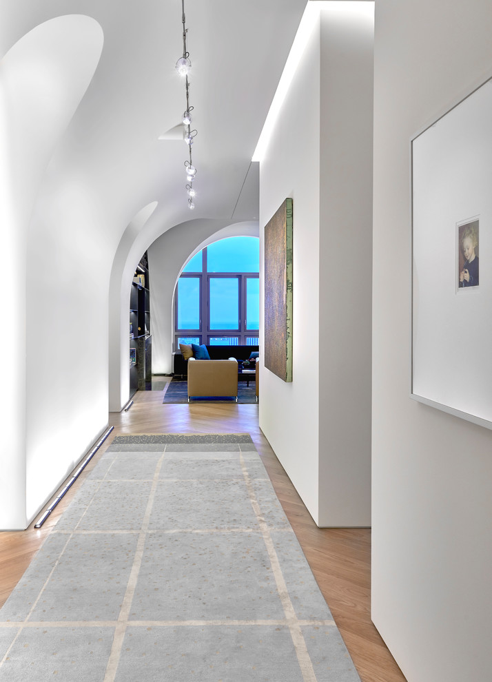 Réalisation d'un grand hall d'entrée design avec un mur blanc, parquet clair, une porte simple et une porte en bois clair.