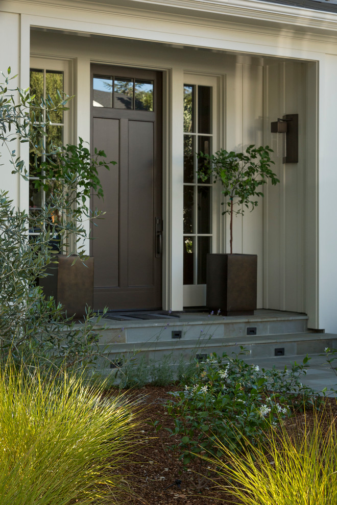 Идея дизайна: входная дверь в стиле неоклассика (современная классика) с одностворчатой входной дверью и коричневой входной дверью