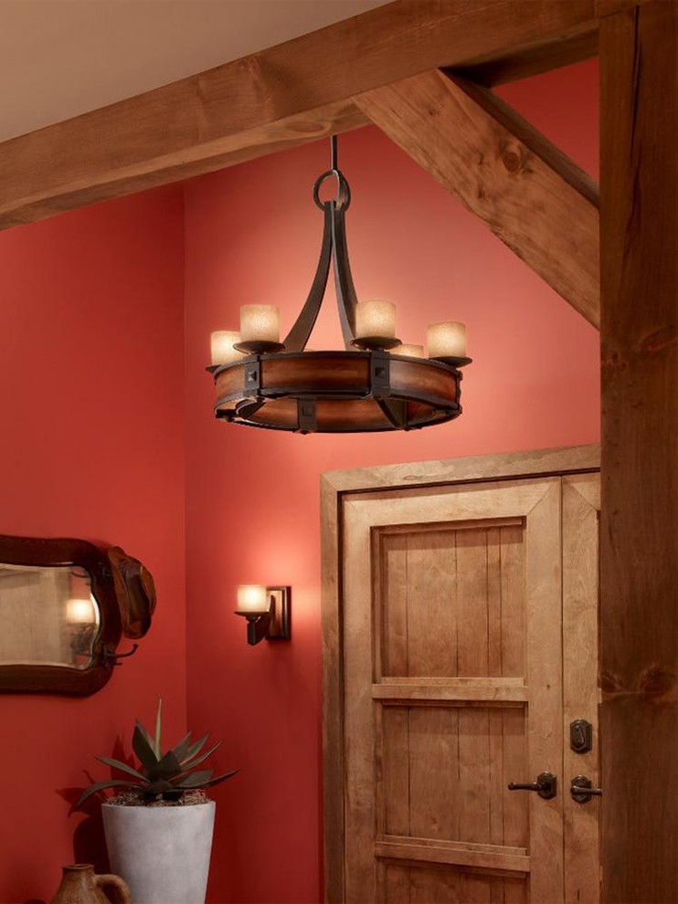 Источник вдохновения для домашнего уюта: фойе среднего размера в стиле фьюжн с красными стенами, двустворчатой входной дверью и входной дверью из дерева среднего тона