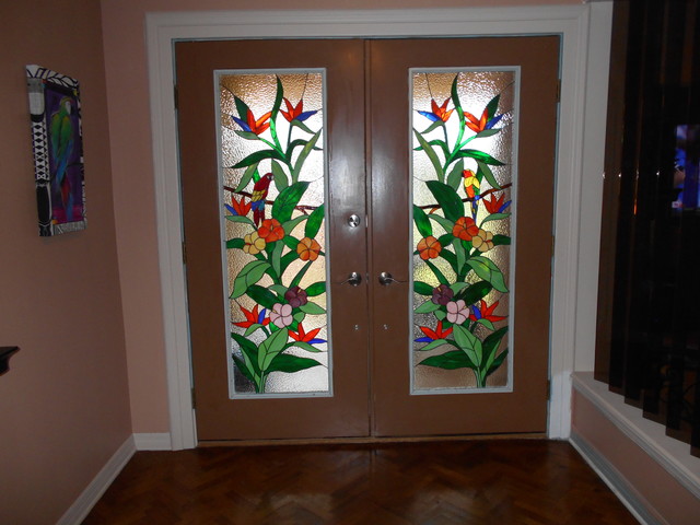 entry way of two decorative glass panels for front doors - Tropical