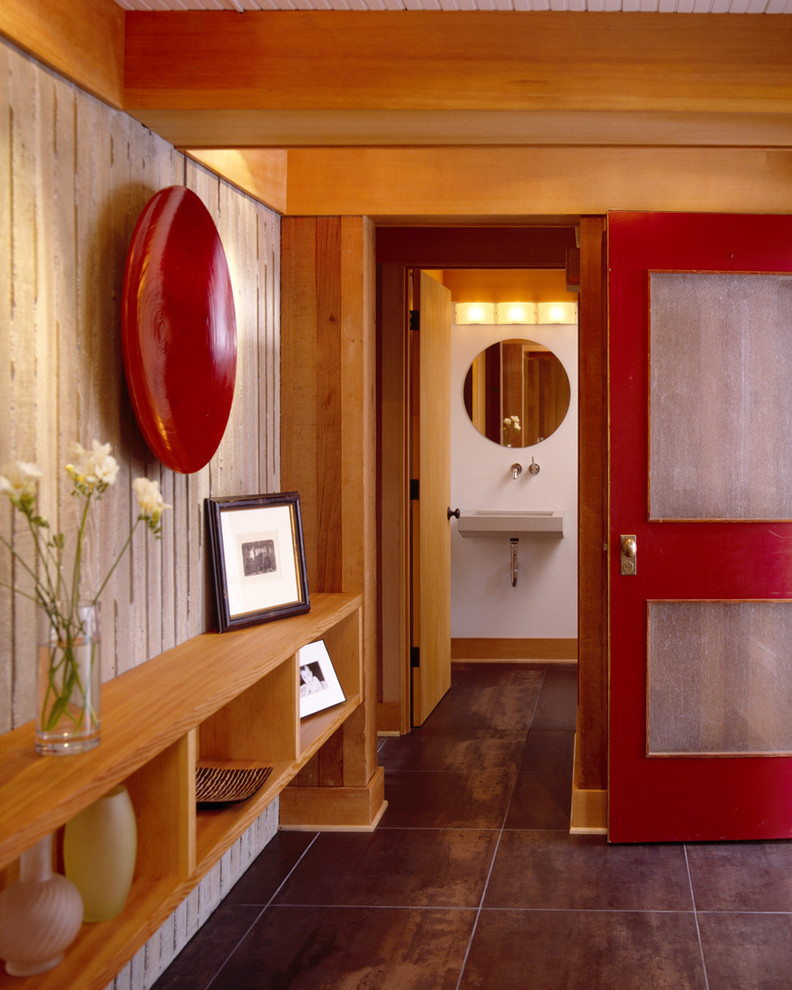 Single front door - contemporary single front door idea in Portland with a red front door
