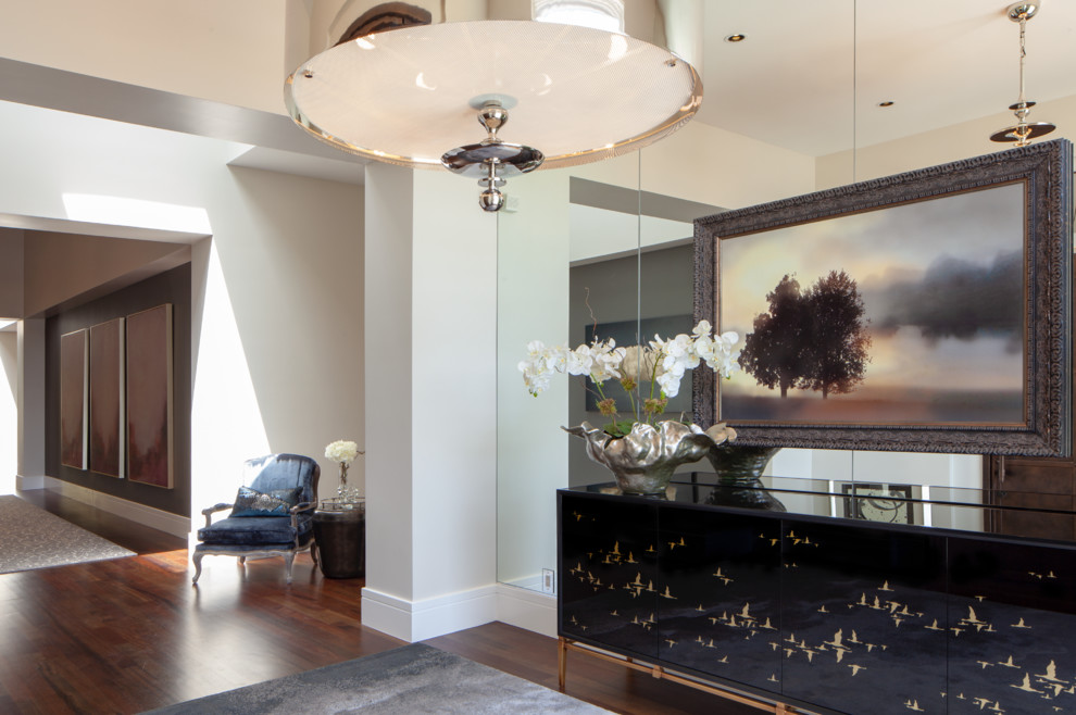 This is an example of a large contemporary foyer in Orange County with multi-coloured walls, dark hardwood flooring, a pivot front door, a metal front door and brown floors.