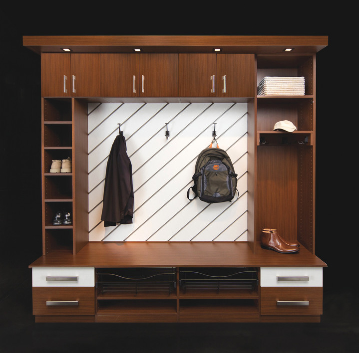 Medium sized contemporary boot room in Santa Barbara with black walls and porcelain flooring.