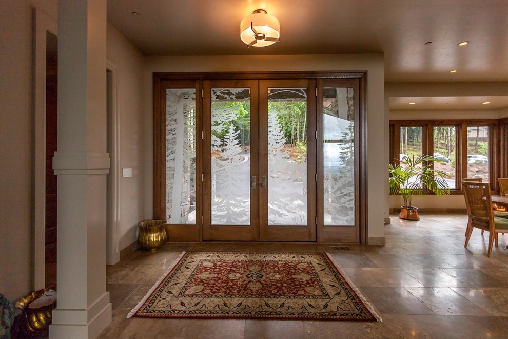 Photo of a rustic entrance in Portland with feature lighting.