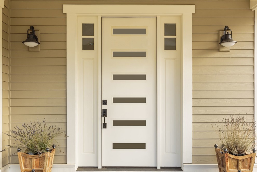 Inredning av en klassisk mellanstor ingång och ytterdörr, med en enkeldörr och en vit dörr