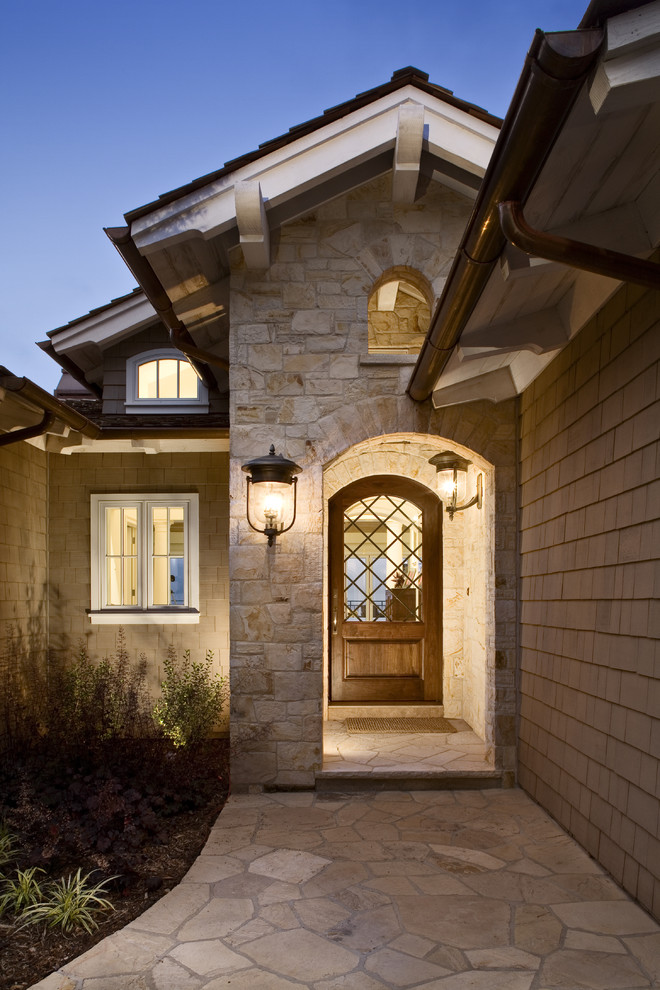 Inspiration for a contemporary single front door remodel in Other with a dark wood front door