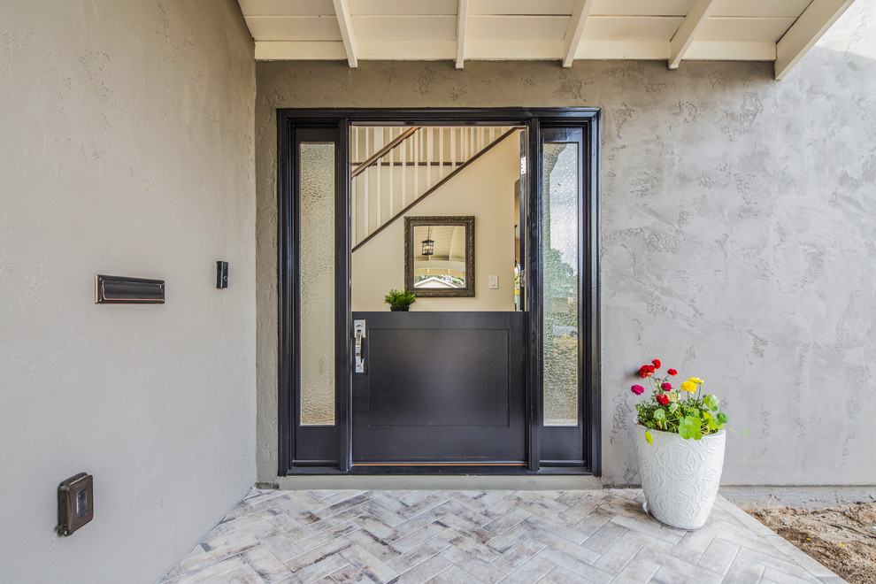 Cette image montre une porte d'entrée design de taille moyenne avec une porte simple et une porte en verre.