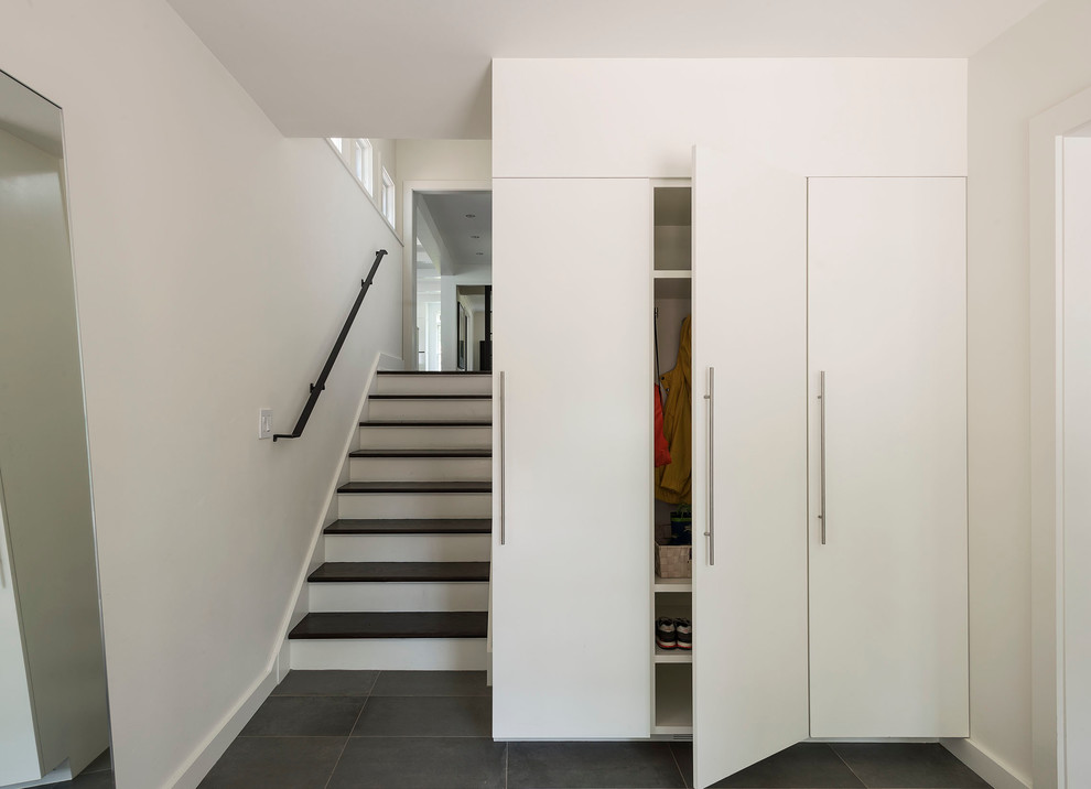 Источник вдохновения для домашнего уюта: большой тамбур в стиле модернизм с белыми стенами и полом из сланца
