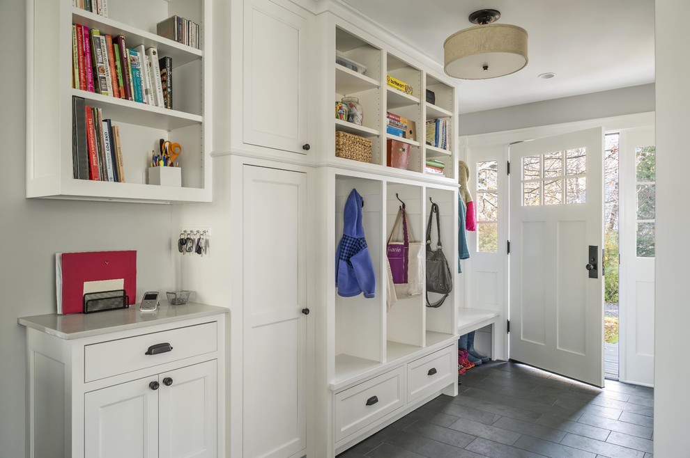 Design ideas for a medium sized rural boot room in Boston with grey walls, slate flooring, a single front door and feature lighting.