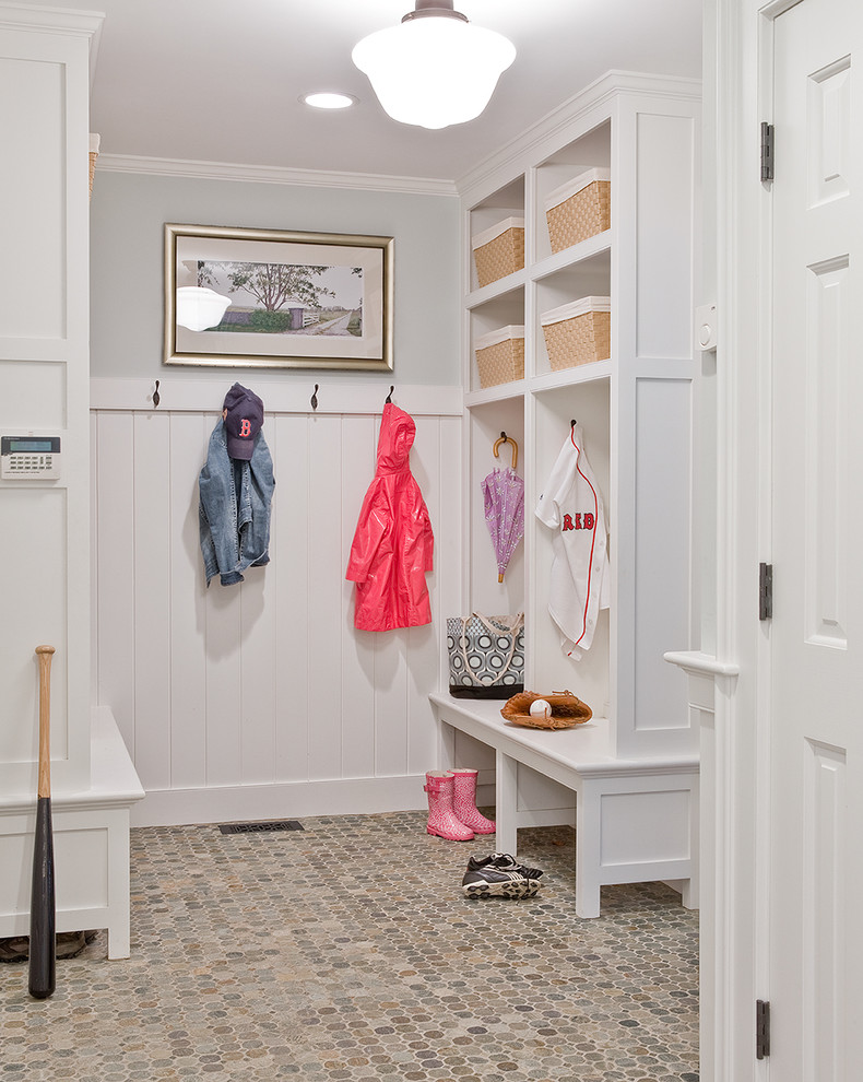 Inspiration for a timeless entryway remodel in Boston with gray walls