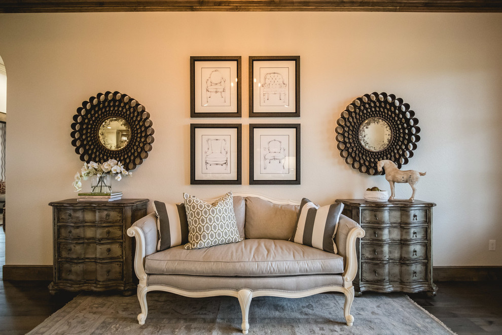 Farmhouse medium tone wood floor double front door photo in Oklahoma City with white walls and a dark wood front door