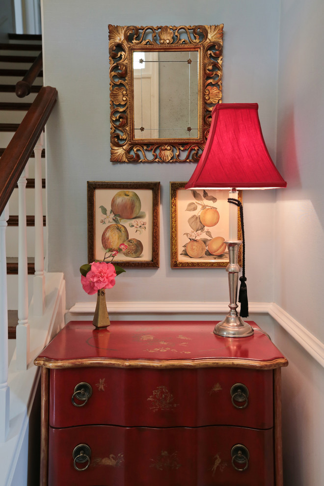 Inspiration for a medium sized traditional foyer in San Francisco with multi-coloured walls, dark hardwood flooring, a single front door and a white front door.