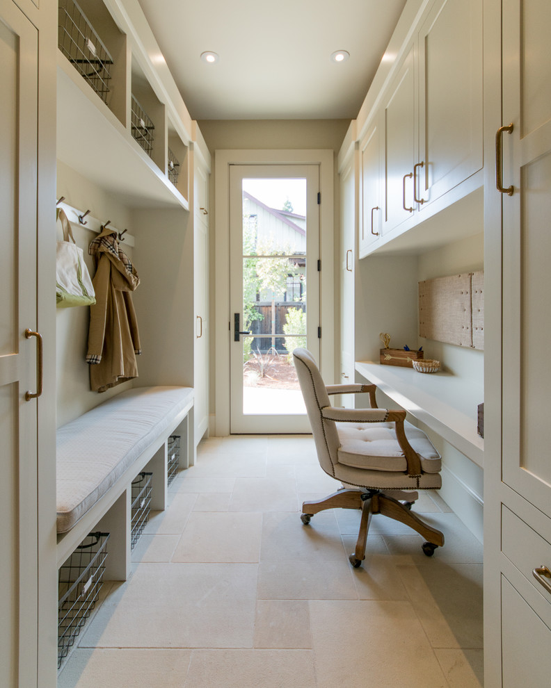 Mid-sized farmhouse mudroom photo in San Francisco with beige walls