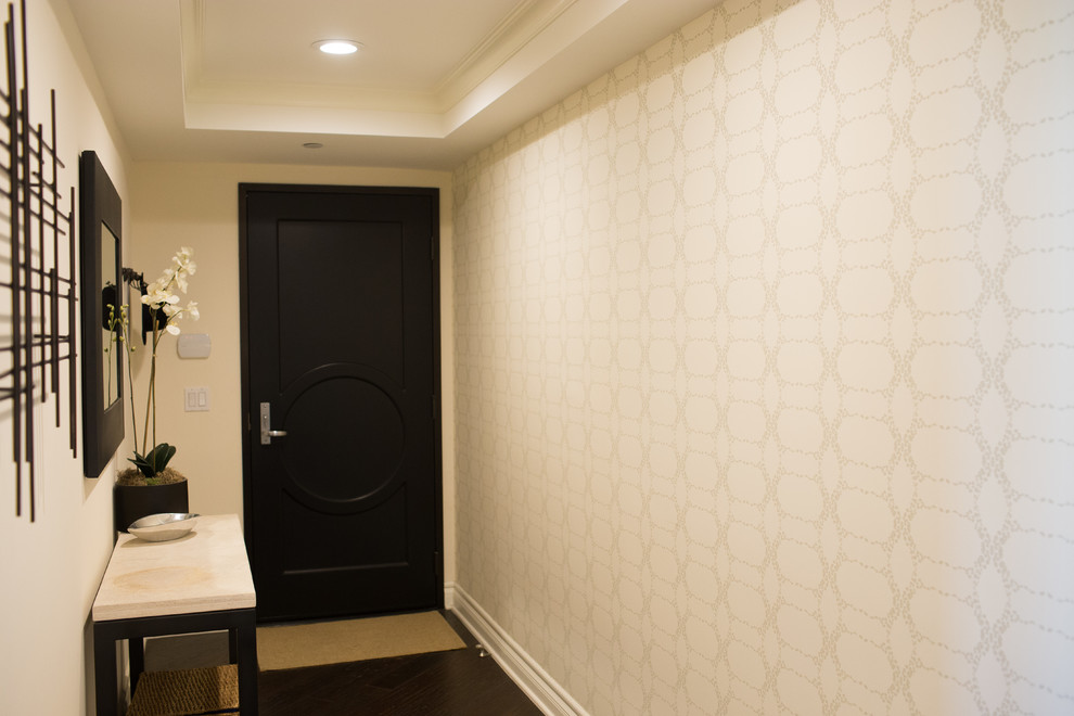 Idée de décoration pour une petite entrée minimaliste avec un couloir, un mur blanc, parquet foncé, une porte simple et une porte noire.