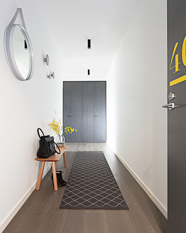Contemporary entrance in Melbourne with medium hardwood flooring.